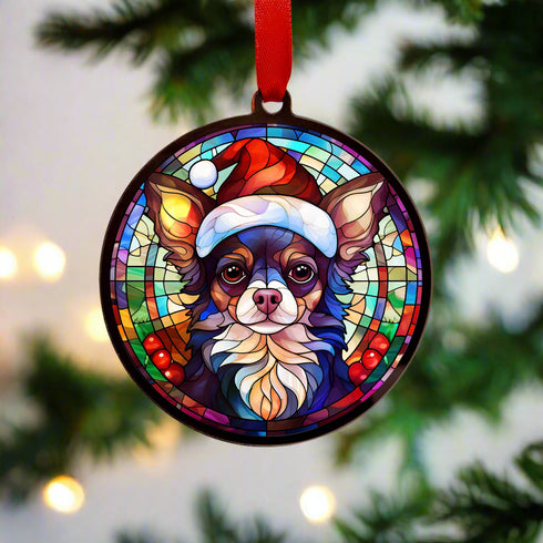 Chihuahua in Santa Hat Suncatcher Decoration